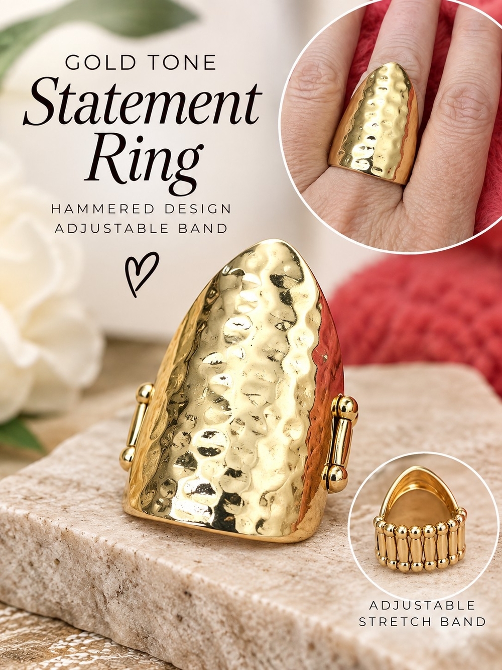 Gold Tone Hammered Statement Ring Adjustable Stretch Band